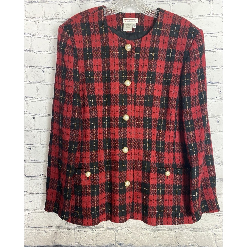 Talbots Petite Vintage Wool Red Black Plaid Blazer Pearl Buttons 14 Clueless